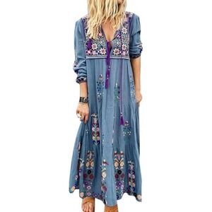 Tendency Lg Bohemian Casual Patchwork V Neck Floral Embroidery Maxi Dress